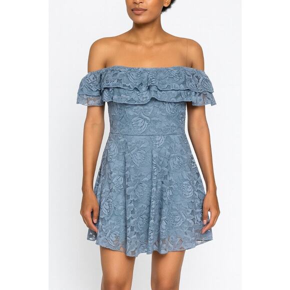 Altar'd State dress mini ruffle top lace overlay baby blue short SZ SM side zip - Picture 1 of 8